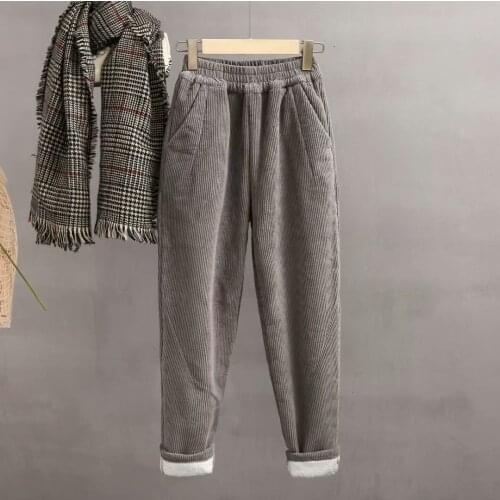 Women Corduroy Pants 2020 Winter Autumn Thick Fleece Elastic Waist Warm Solid Color Casual Pockets Female Trousers