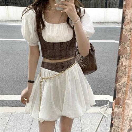 2021 Summer 2 Piece Set Women Vintage Plaid Blouse + Mini Skirts Kawaii Clothes Y2k Crop Tops Tracksuits Korean Fashion Suits