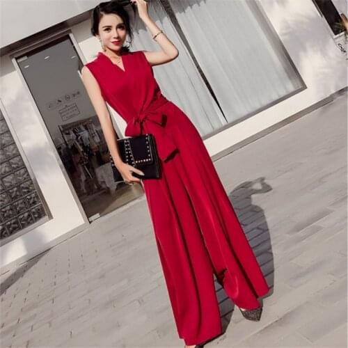 Summer Women V-neck Sexy Jumpsuits Solid Color Elegant Sleeveless Wide-leg Trousers Jumpsuit Ladies Party Overall Outfit Romper
