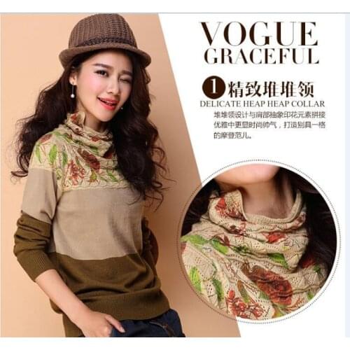 New Style Autumn Winter Womens Floral Pullover Sweater Slim Turtleneck Flowers Printing Sweaters