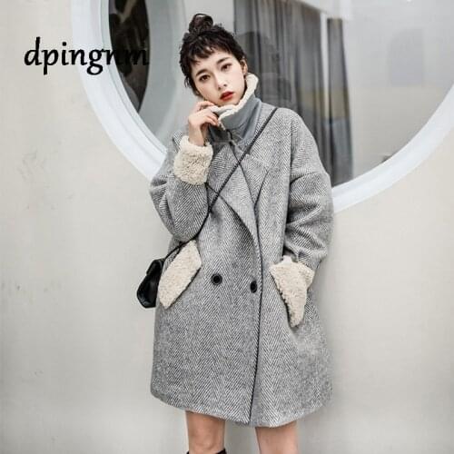 Lambs wool collar double row buttoned wool coat womens medium length thick woolen coat new 2020