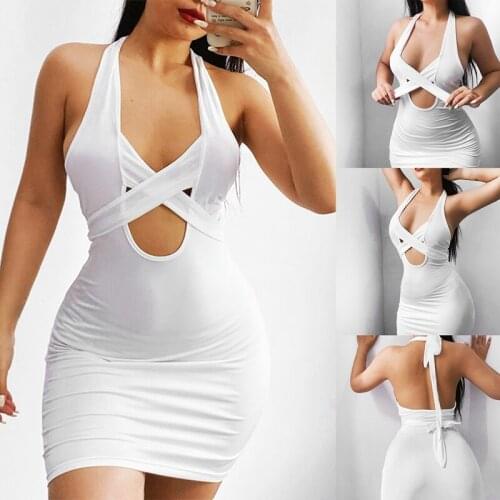 Dresses for Women Short Sexy Casual Polyester Sheath Hollow Out Halter Bandage Sleeveless V Neck Street Party Dress