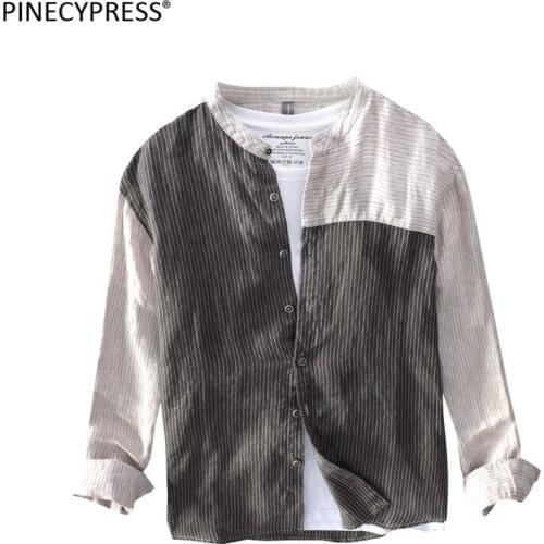 100% Linen Cool Breathable Anti-static Anti-radiation Man Casual Shirt Summer Beach Patchwork Male Stripe Long Sleeve Men Shirts