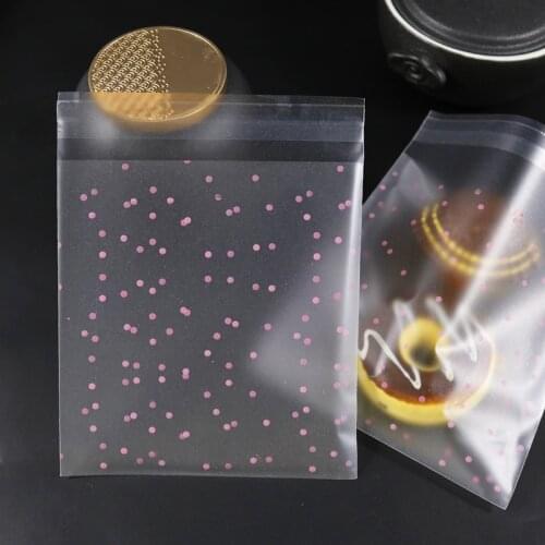 100pcs Plastic Cookies Biscuits Bags Frosted OPP Bag Candy White Pink Blue Dots Self-adhesive Wedding Party Cellophane Bags