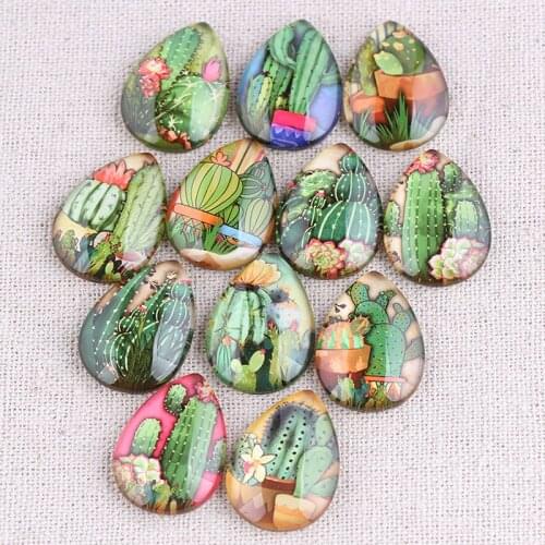 Reidgaller 20pcs mixed cactus photo teardrop glass cabochon 18x25mm diy flat back handmade jewelry findings