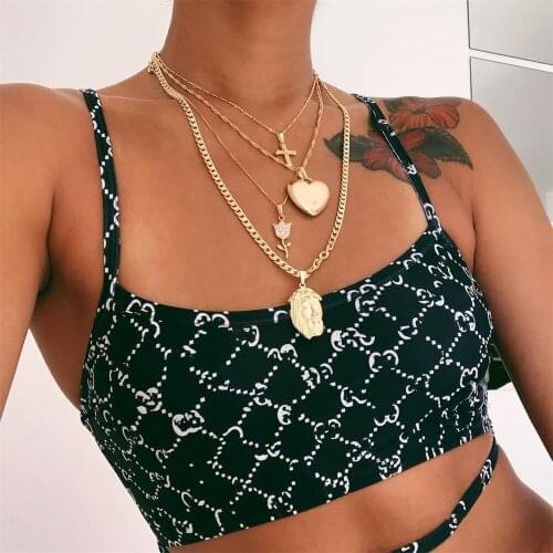 4 Pcs/Set Boho Multilayer Necklaces Gold Cross Flower Heart Head Portrait Chain Pendant Long Necklace Women Party Jewelry