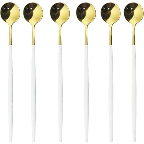 6Pcs White Gold Long Hangdle Spoon For Polished Stirring Drink Steainless Steel Tableware Ice Cream Spoon Cutlery Flatware