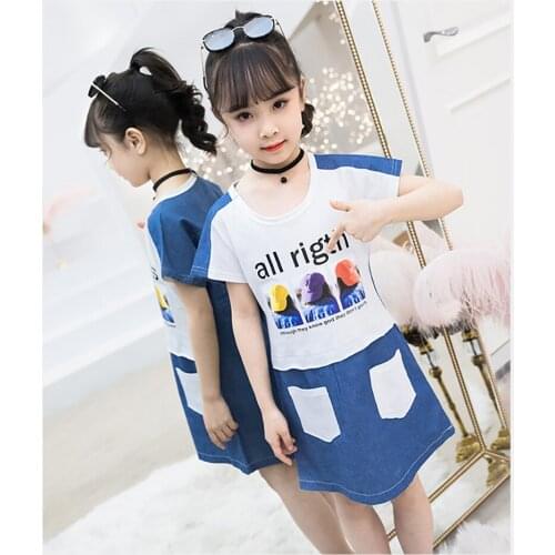 Childrens Summer Clothing for Girls Denim Dresses 2021 New Jean Patwork Dresses Short Sleeve Color Matching Cotton Kids Costume