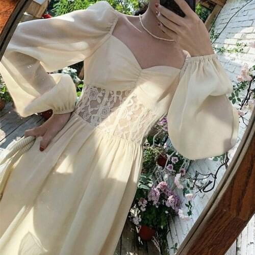 Elegant Midi Dress Women Long Sleeve Evening Party Dress Korean Fashion Lace Design 2021 Autumn Vintage Fairy Dress Female Chic