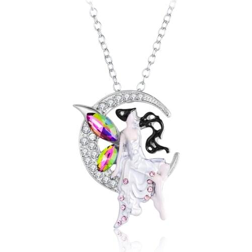 Exquisite White Gold Color Moon Fairy Girl Necklace Pendant Fashion Popular White Zircon Crystal Necklace for Women Jewelry Gift