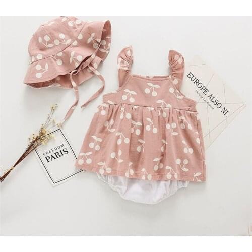 Newborn Baby Girl Ruffled cherry printing pattern romper infant kids Sleeveless suspender Jumpsuit toddler girls Outfit Sunsuit