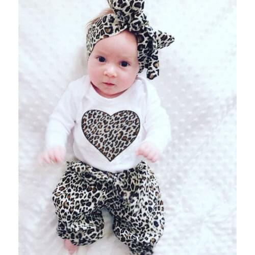 Newborn Kids Leopard Clothes Set Baby Girl Romper +Leopard Floral Long Pants+Bowknot Headband 3Pcs Outfit Clothes