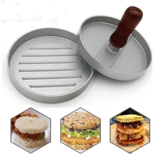 Creative Wooden Handle Aluminum Alloy Hamburger Makers DIY Patty Maker Mold Round Hamburger Meat Beef Grill Burger Press