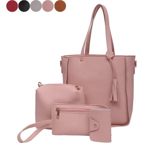 HOBB 4Pcs/Set Fashion Women Messenger Bags Zipped Tassels Leather Solid Color Handbag Ladies Girls Purse Shoulder Bag 88 New