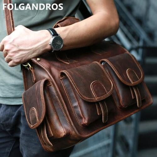 FOLGANDROS Brand Mens Crazy Horse Leather Handbag Large Capacity Vintage Shoulder Bag Multifunctional Cowhide Top Handle Bag