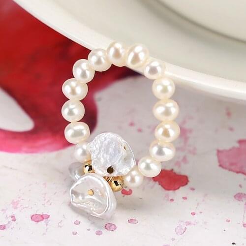 New Minimalist Multi Bead Freshwater Pearls Geometric Rings Women Finger Jewelry Fashion Trend Adjustable Elastic Ring