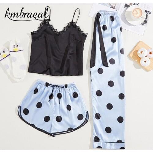 New Pajamas for Women Emulation Silk Summer Condole Belt + Long Pants Pajama 3 Piece Set Wave Point Sleepwear Homewear Plus Size