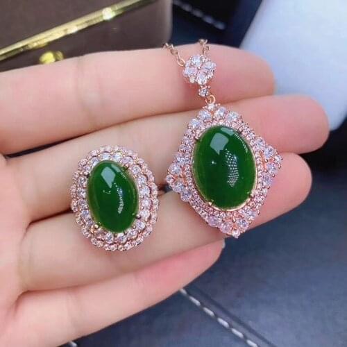 Simple stylish Personality Natural and Real Hetian Green Jade jewelry set 925 sterling silver 1pc pendant,1pc ring
