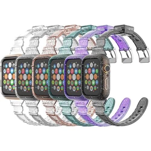 For Apple Watch Band 44/40mm 42/38mm Clear Bling Powder Stylish Bracelet+Frame Transparent Strap for iWatch Series SE 6 5 4 3 2