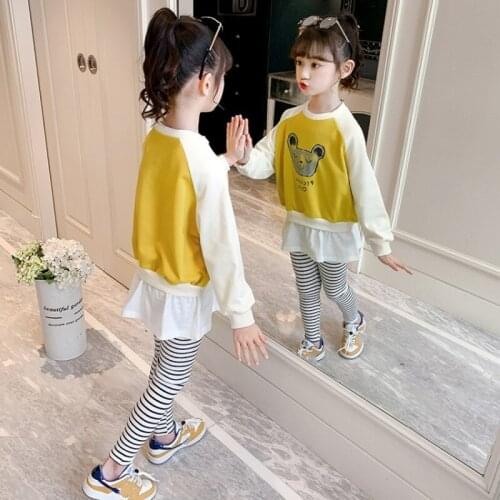 2021 Autumn Spring 4-14Years Teenager Long Sleeve T Shirt+ Striped Leggings TrackSuits Baby Kids Girl 2Pcs Outfits Clothing Sets