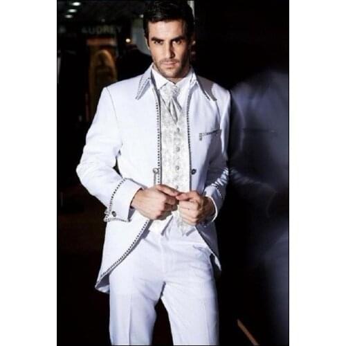 Wedding Prom White Fashion Mens Dinner Party Casual Suit (Jacket+Pant+Vest+Tie) Groom Tuxedos Groomsmen Blazer Suits For Men