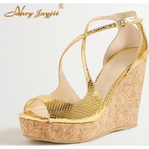 Peep-toe Pumps Golden Fish Scale Wedges Cork Pattern Platform Sandals Leisure Lady Shoes Plus Size 15/16 NANCYJAYJII 2020 Summer