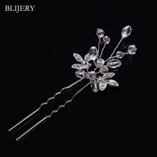BLIJERY Handmade Wedding Crystal Floral Hair Pin Silver Color Bridal Hairpins Women Headpiece Brides Wedding Hair Accessories