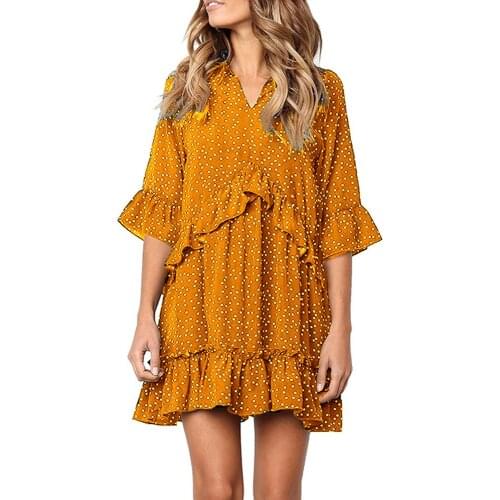 Women Dress Bohemian Polka Dot Ruffles Hem V-neck Summer Sundress Beach Robe Femme Shirts Chiffon Dress