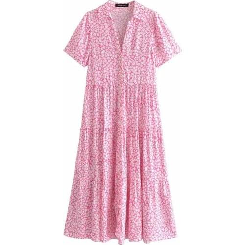 New Summer Vogue Printed Dress Women V-neck Short Sleeves Button-up Vintage Maxi Shirt Dress Women Robe