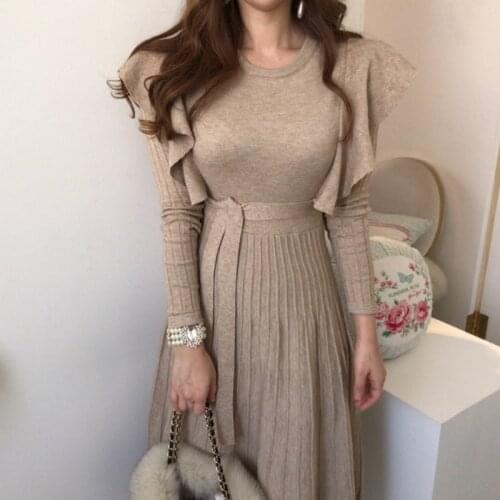 Vintage Dress Women Sexy Fashion Sweater Ruffles Bodycon Dress High Waist Pleated Dress Long Sleeve платье 2021 Autumn Winter
