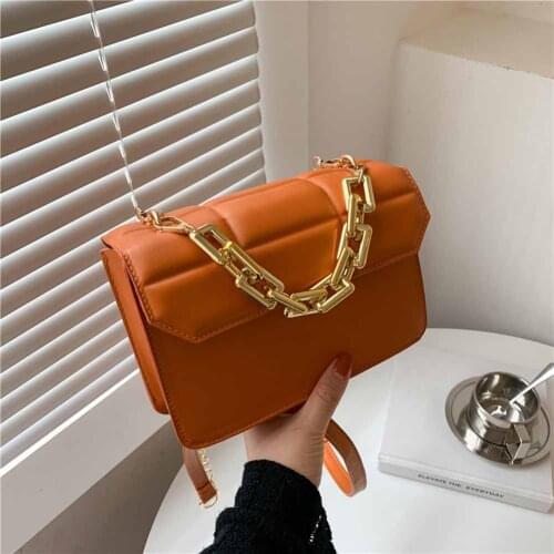 2021 Women Checker Pattern Shoulder Bags Soft PU Leather Crossbody Female Gold Thick Chain Bag Squre Flap Handbag Lock Purses