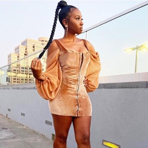 Spaghetti Strap Off Shoulder Velvet Party Dress Women Lantern Sleeve Zipper Bandage Dresses for Women Sexy Night Club Mini Dress