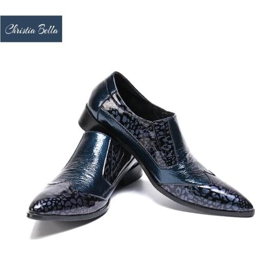Christia Bella New Fashion Print Patchwork Genuine Leather Men Business Shoes Plus Size Slip on Pointed Toe Formal Dress Shoes