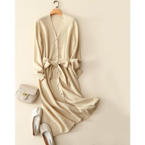 100% yark wool cardigan long women fashion v neck warm thick buttons outerwear with belt knitted oversized pearl sweater coats