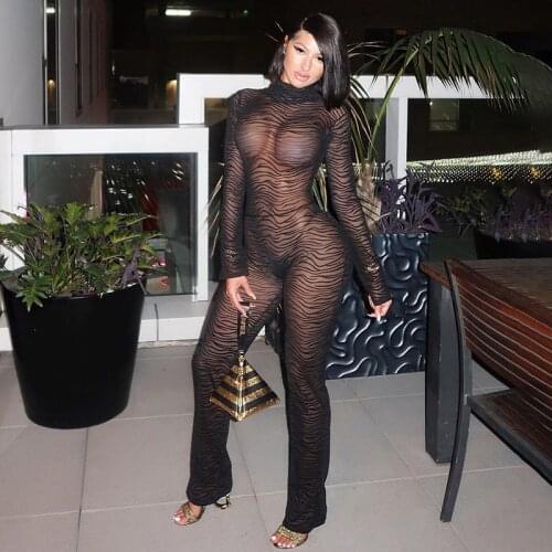 Zebra Print Sexy Backless Skinny Rompers High Neck Full Sleeve Mesh Perspective Womens Black Jumpsuit Fashion Casual Streetwear