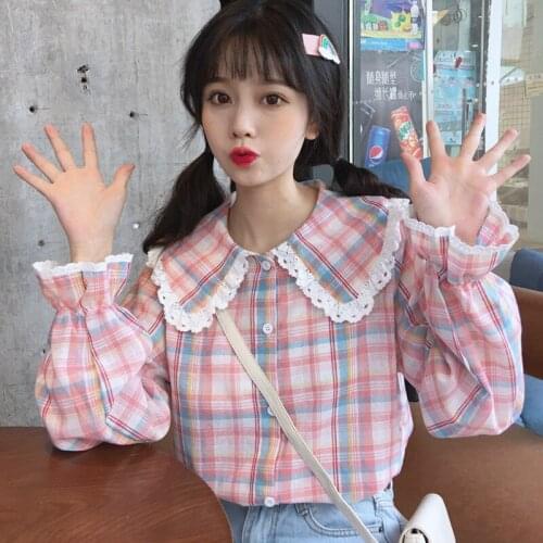 Preppy Style Girls Sweet Lolita Loose Plaid Shirts Spring Autumn Women Peter pan Collar Long Petal Sleeve Lace Blouses Shirts
