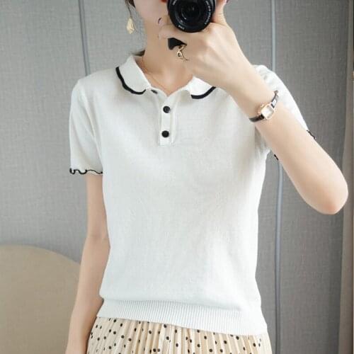 Summer womens T-shirt casual cotton knitwear lapel pullover sweater short-sleeved doll collar tees hot