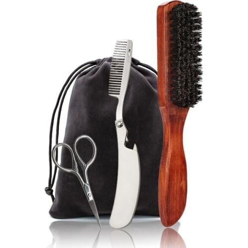 Wooden Handle Bristle Brush Beard Shaving Set With Gift Bag Stainless Steel Scissor Men Facial Care