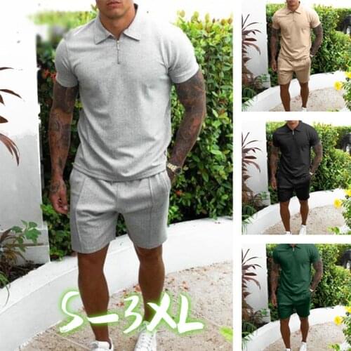 New Fashion Mens Clothing Cotton Short-sleeved Shirt Shorts 2-piece Suit Summer Mens Cotton Fabric Sportswear Slim Suit
