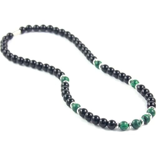 Original Design Black Onyx 8mm Round Beads Necklace with Green Malachite Beads Handmade Natural Stone Jewelry for Men and Women