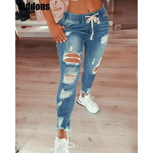Sexy Women Solid Ripped Skinny Jean Pants With Hole Pocket Lady Fall Slim Fit Skinny Jeans Streetwear Denim Pants