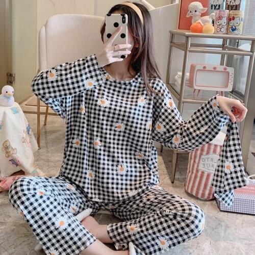 Pajamas Sleepwear Suit ClothesSets Spring AutumnCotton Pijama Plaid Print Home Women Long Sleeve