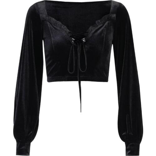 Ruibbit Gothic Bandage Black Tops Goth Aesthetic Sexy Hollow Out T Shirt Vintage Velvet Lantern Sleeve Spring Autumn Basic Tops