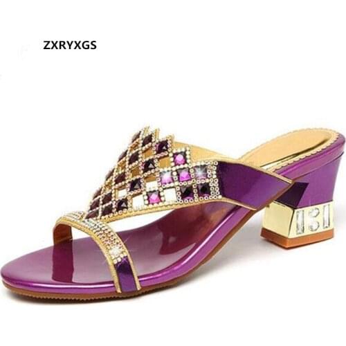 Noble Elegant Sheepskin Rhinestone Sandals Women Fashion Slippers 2019 New Summer Leather Slippers Women Shoes High Heel Sandals