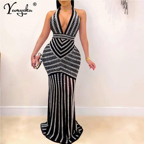 Sexy Black See Through Rhinestone halter club Maxi summer dress women evening party dresses casual backless bodycon corset dress