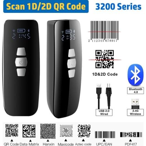 3200 Series Mini Barcode Scanner USB Wired/Bluetooth/ 2.4G Wireless 1D 2D QR PDF417 Bar code for iPad iPhone Android Tablets PC