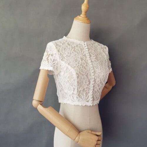Short Sleeve Wedding Boleros Lace Buttons Bridal Jackets Ivory Modest Korean White Bride Coat