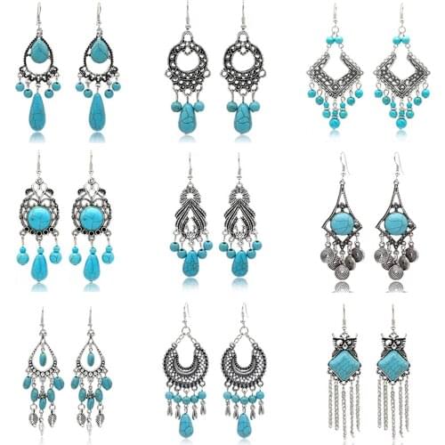1 Pair Vintage Bohemia Ethnic Tassel Dangle Earrings Antique Silver Color Blue Drop With Resin Cabochons 2021 Trend Jewelry Gift