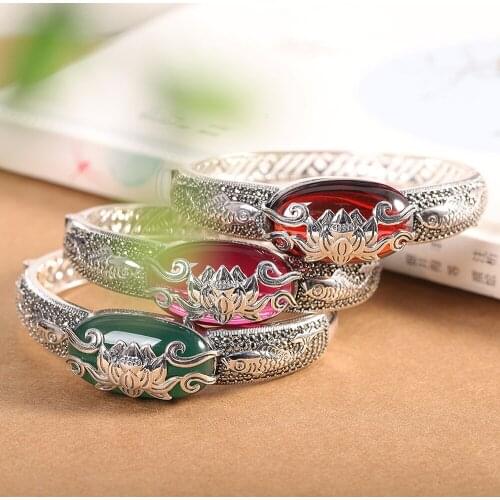 Uglyless Vintage Ethnic Thai Silver Fishes Lotus Bangles for Women Marcasite Garnet Open Bangles Hollow 925 Silver Jewelry BA675