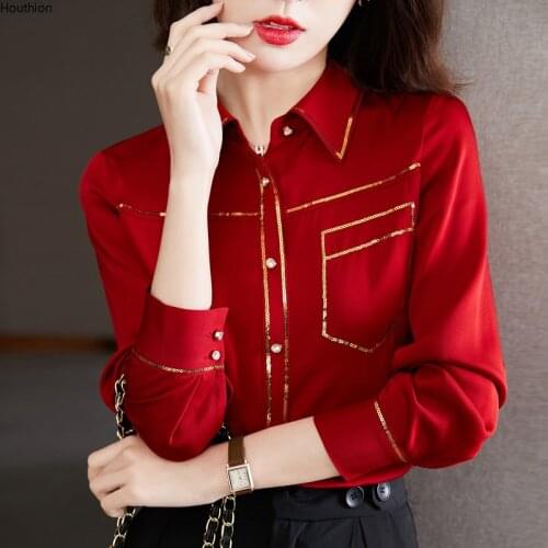 Houthion New Long Sleeve Women Blouse High-end Sequins Lapel Casual Comfortable Summer Korean Shirt Fashion Blouses